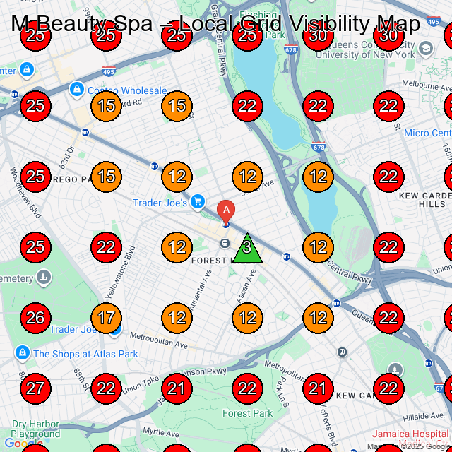 M Beauty Spa GeoGrid visibility map for Massage Spa in Forest Hills